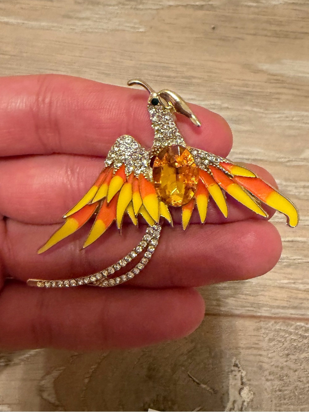 Golden Phoenix Bird Brooch with Amber Crystal and Enamel Wings - Picture 4 of 4
